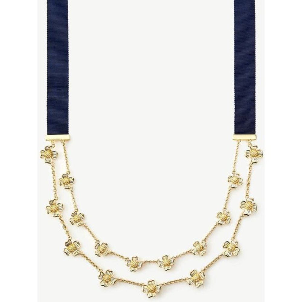 Ann Taylor Ribbon/Metal Two Tiered Flower‎ Necklace